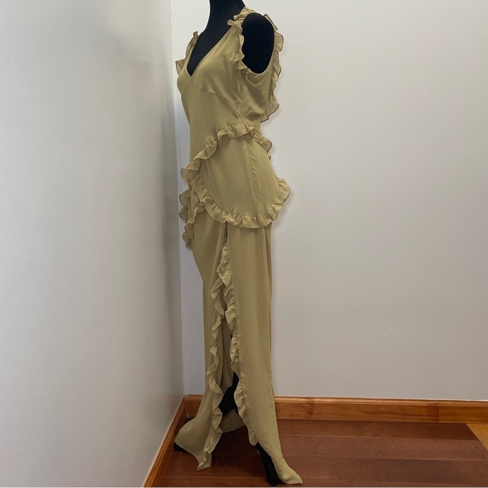 House of CB- PIXIE Olive Ruffle Maxi Dress Size Large Green V Neck Summer - Picture 8 of 15